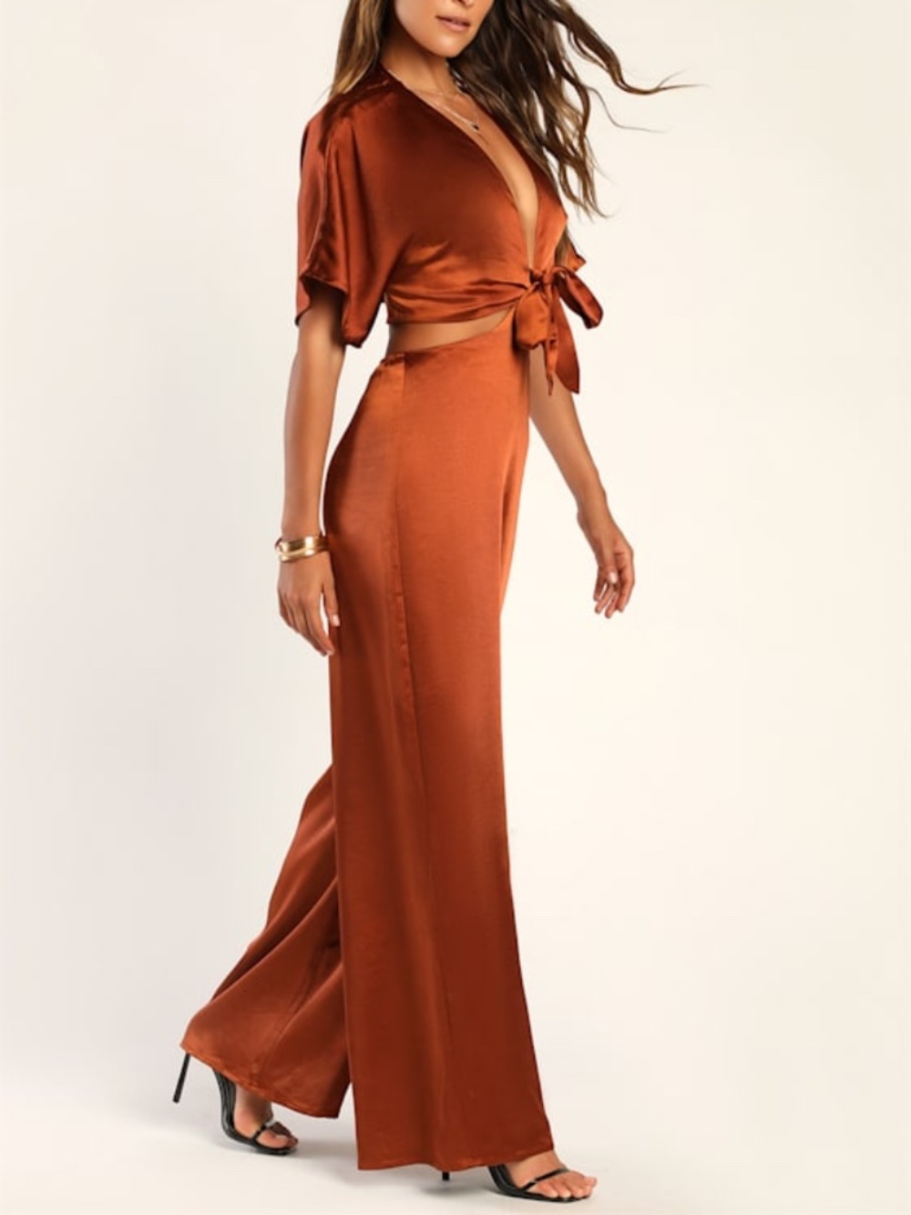 Lulus Flirt For Fun Rust Brown Tie-front Two-piece Wide-leg Jumpsuit - Size L